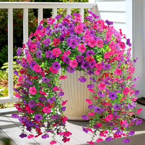 Artificial Fake Flowers for Outdoors,2PCS Faux Hanging Flowers Purple Hot Pink