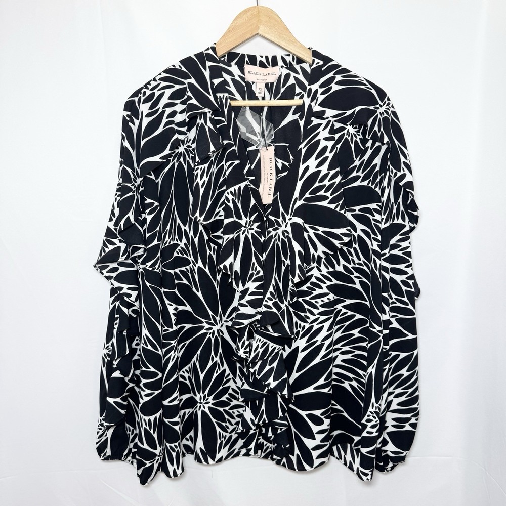 Chicos Top Womens 3 US XL Black & White Sheer Ruffle V Neck Blouse Floral