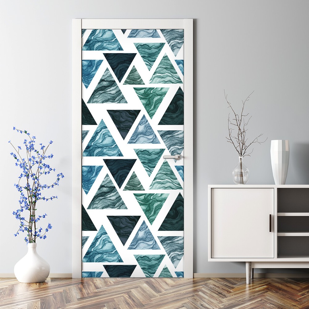 Watercolour Triangles  decor Green Bubble Free Pattern Door Decal black