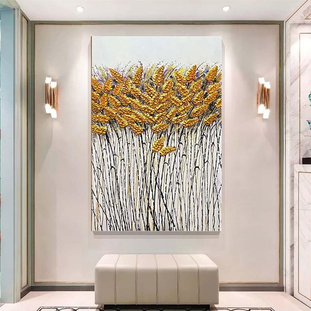 Golden Yellow Handmade Oil Painting Abstract Wheat Awn Wall Art Canvas Decor