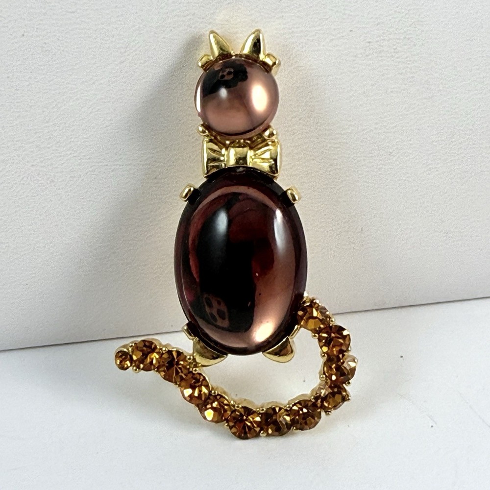 Vintage 90s to More Modern Brown Cabochon Rhinestone Cat Brooch Signed LIA