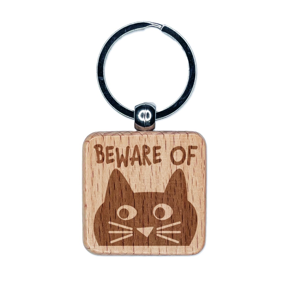 Beware of Cat Funny Doodle Engraved Wood Square Keychain Tag Charm