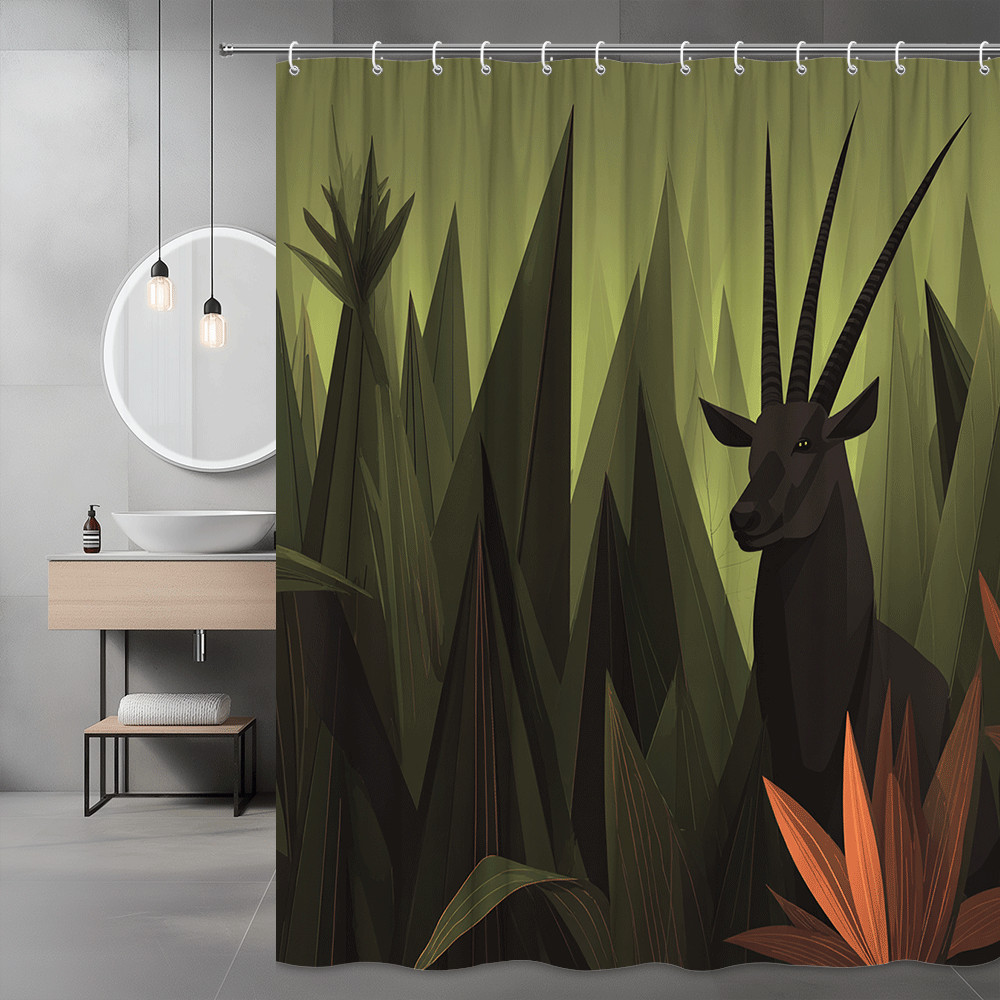 Black Antelope Jungle Shower Curtain, Tropical Leaf Graphic Print