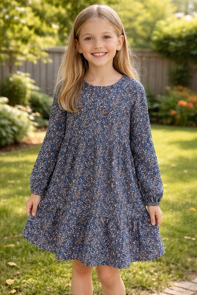 GAP Girls Fit & Flare Long Sleeve Knee Length Floral Dress Blue Size M 8-9