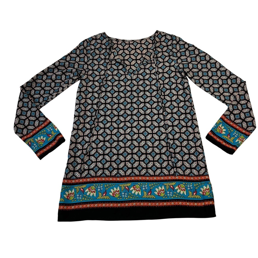 Boho Floral Split Neck Tunic Blouse for Women Size S Colorful Peasant Top