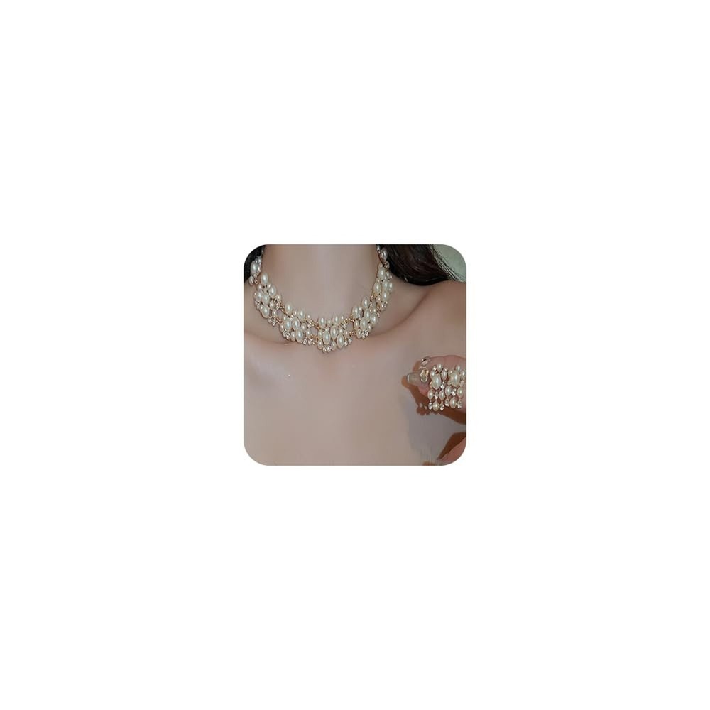 Dainty Pearl Rhinestone Necklace Earrings Set Layered Chunky Short Pearl Rhin...