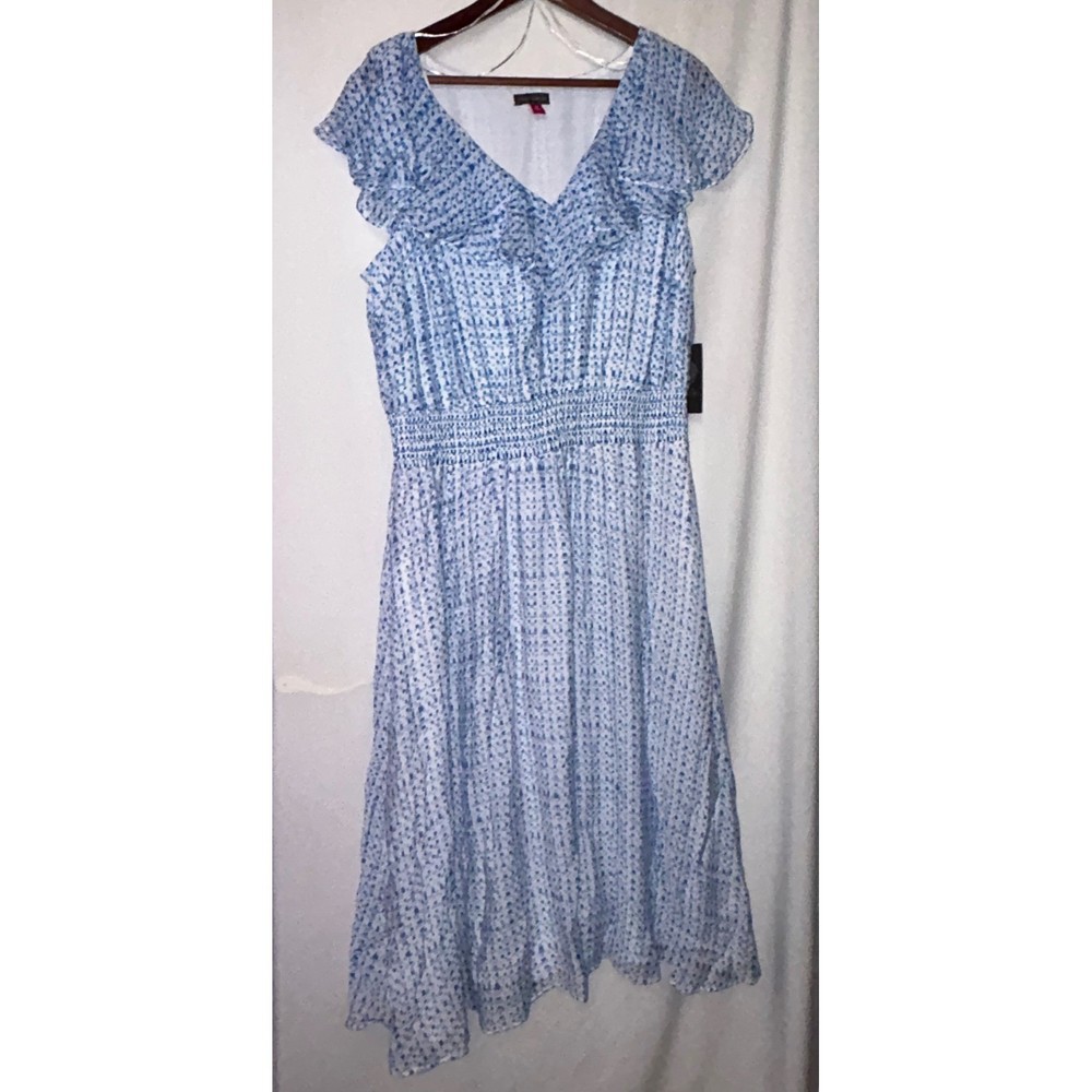 Vince Camuto Women's 1X Blue White Ruffle Detail Midi Dress - NWT