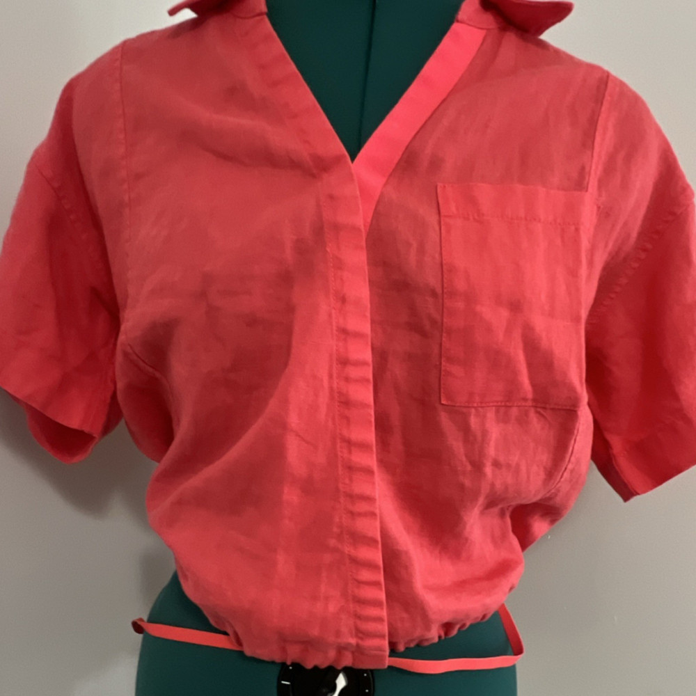 Athleta Pink Linen Tie Waist V Neck Short Sleeve Women's Regular Blouse S