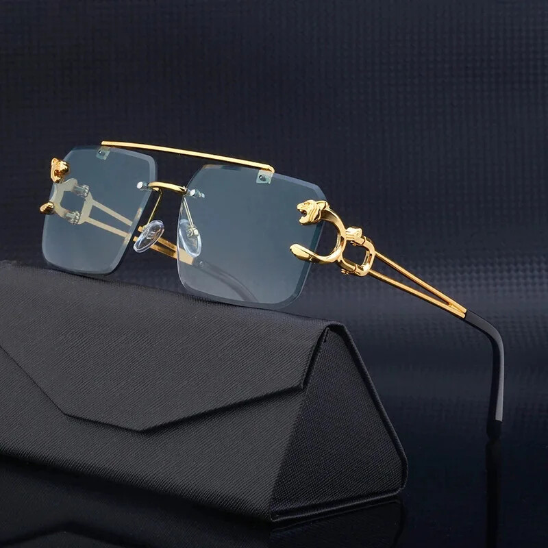 Retro Square Frameless Vintage Sunglasses for Men and Women with Mirror Lens  