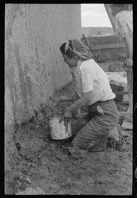 Chamisal New Mexico 1940 Spanish-American Women Plastering Adobe House