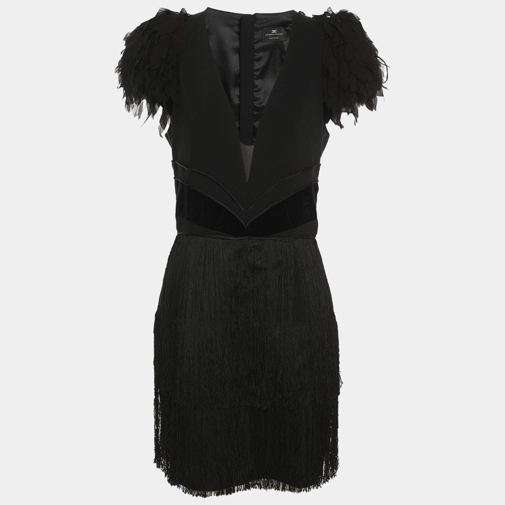 Elisabetta Franchi Black Floral Applique Fringe Mini Dress XL