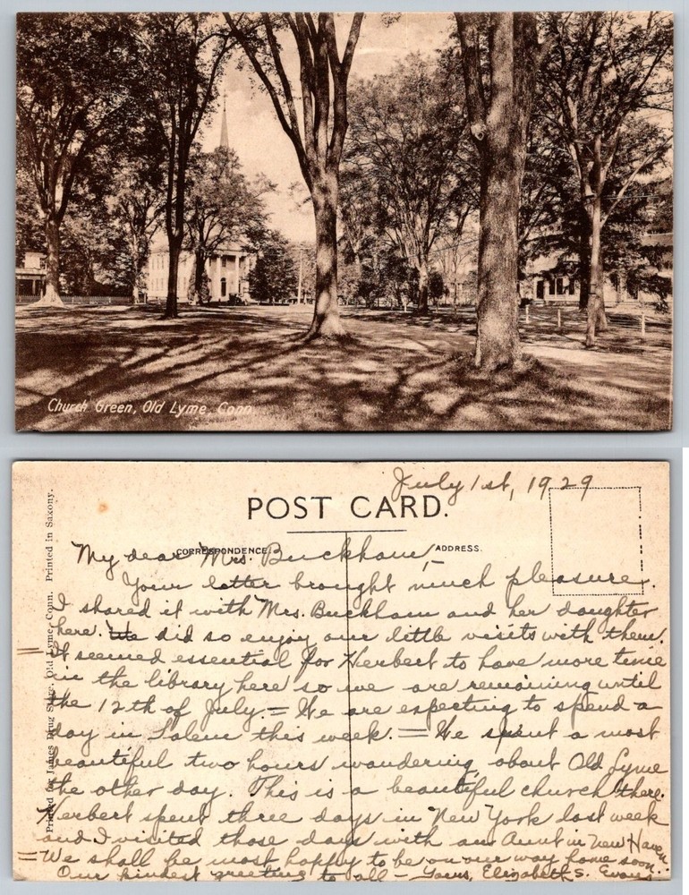 1929 Old Lyme CT Church Green Vintage Postcard Connecticut Saxony Printed