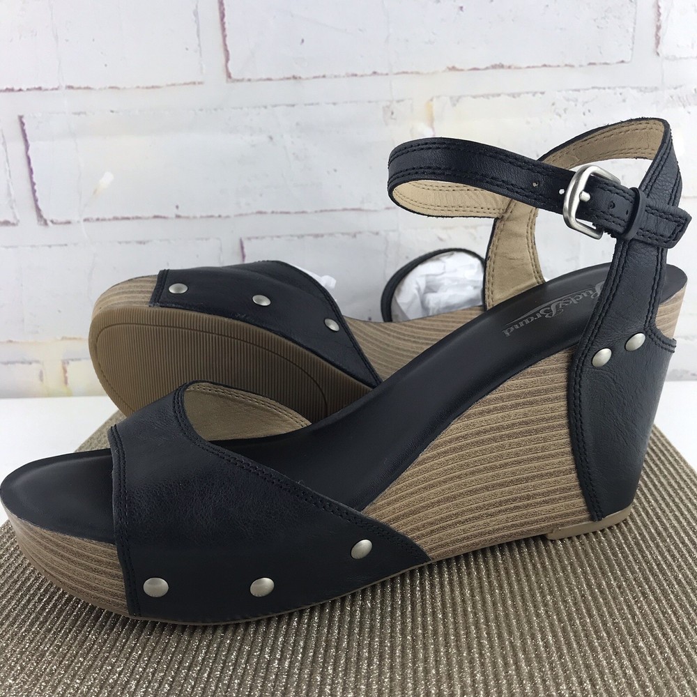 Lucky Brand womens black leather wedge sandals size 9.5