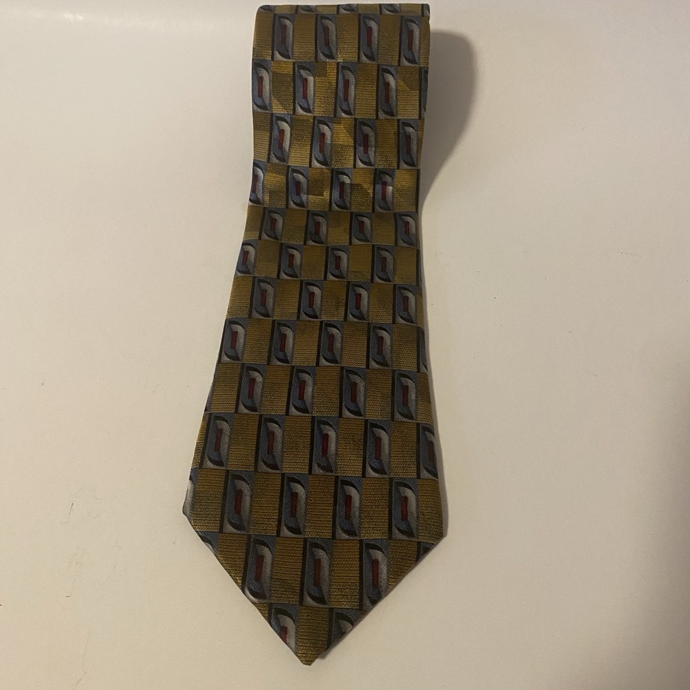 Benchmade Men's Tie Gold Blue Red Gray 100% Silk Geometric Woven Designer