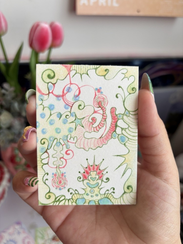 ACEO Original Abstract Drawing, Whimsical Colors Stars Swirls, Mini Artwork