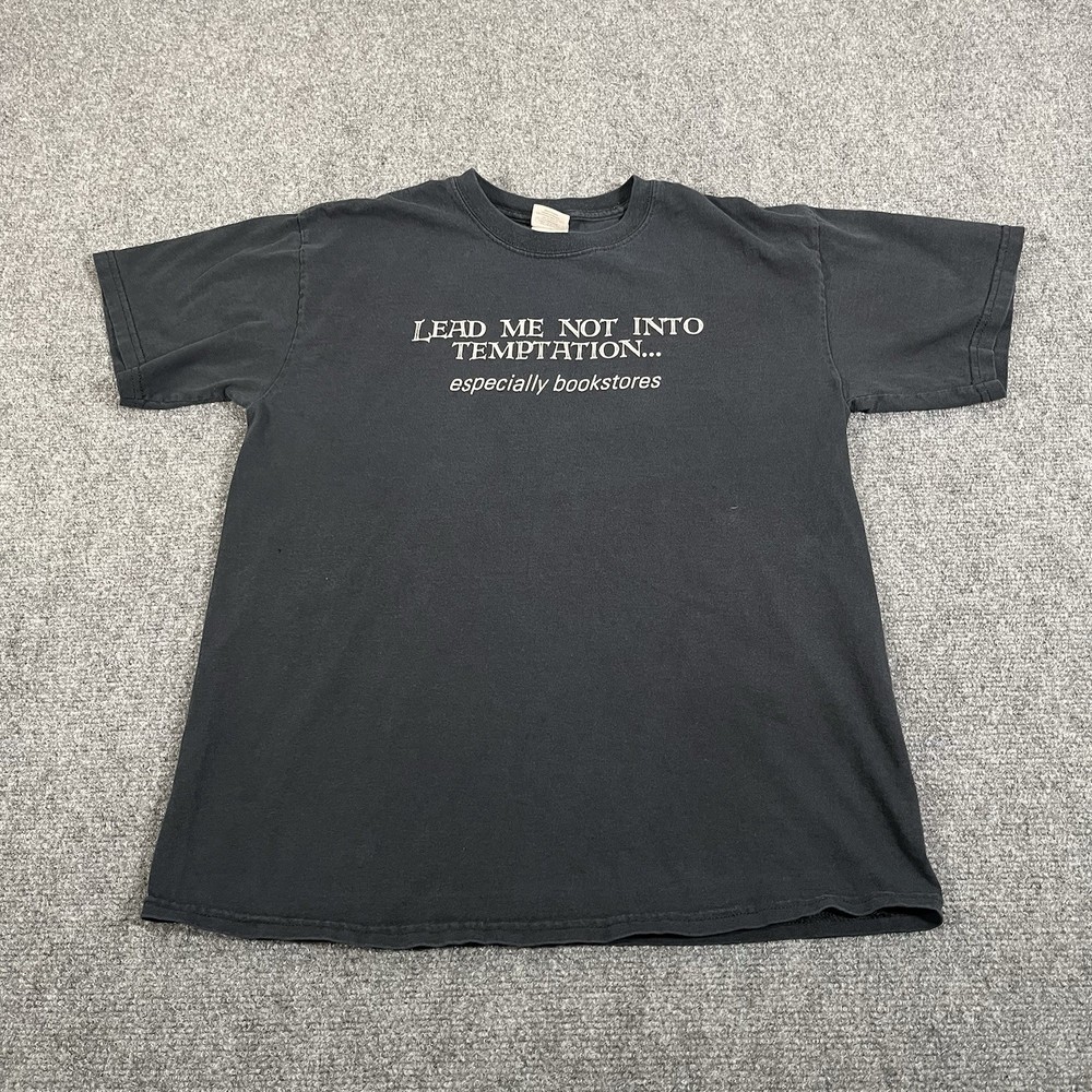 Vintage Books Library Literary Tee T Shirt Word 90s Y2K Medium Black Faded