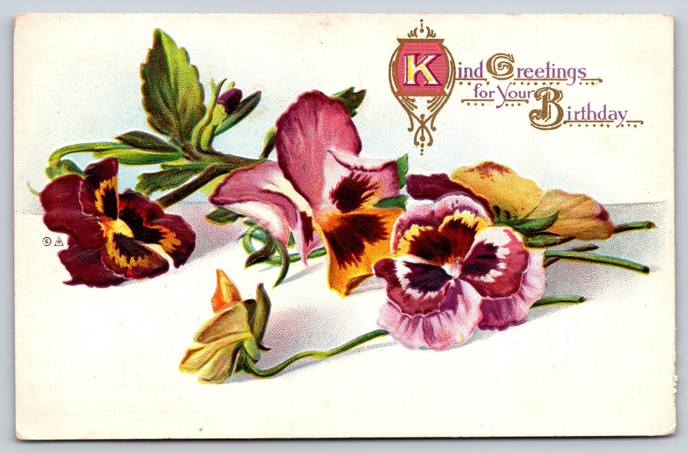 Kind Greetings~Birthday~Scarlet & Yellow Flowers~White Bkgd~E Nash 1910 Postcard