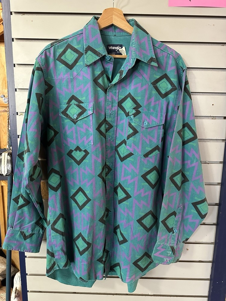 Vintage 90s Size Large Aztec Wrangler Brushpopper Button Up