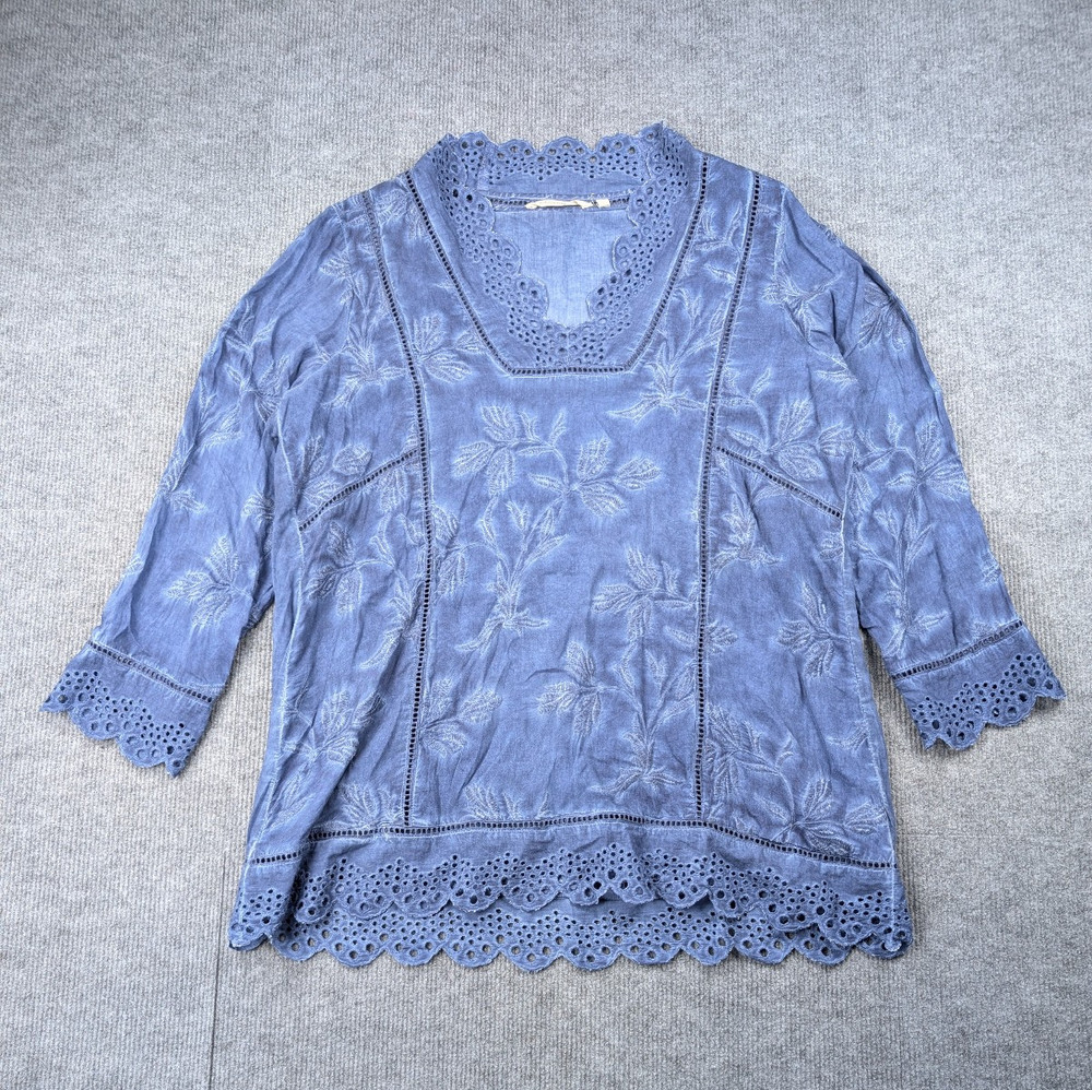 Soft Surroundings Blouse Women Large Eyelet Lace Washed Blue Coastal Boho Resort