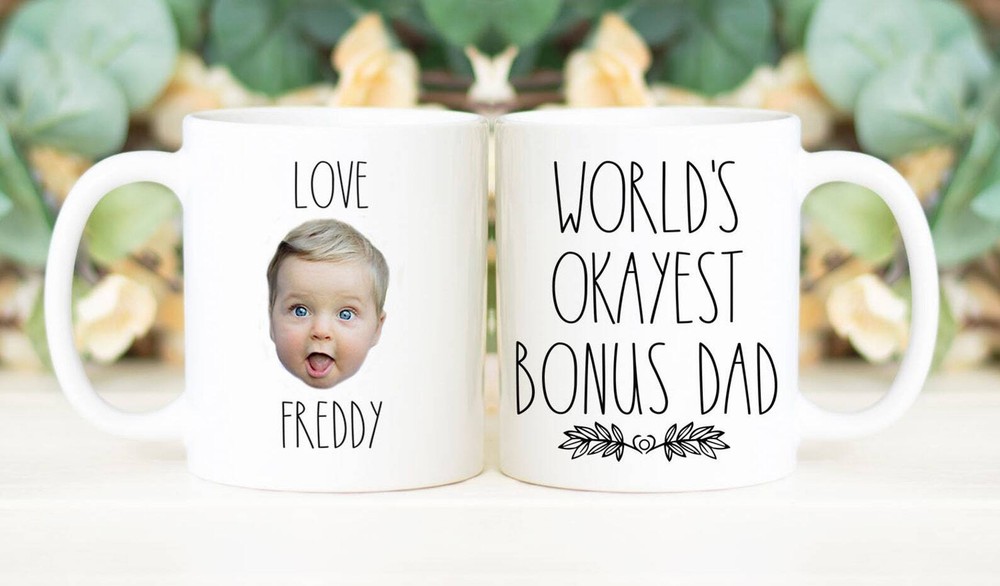 World's Okayest Bonus Dad Coffee Mug Father's Day Gift Personalized With Photo