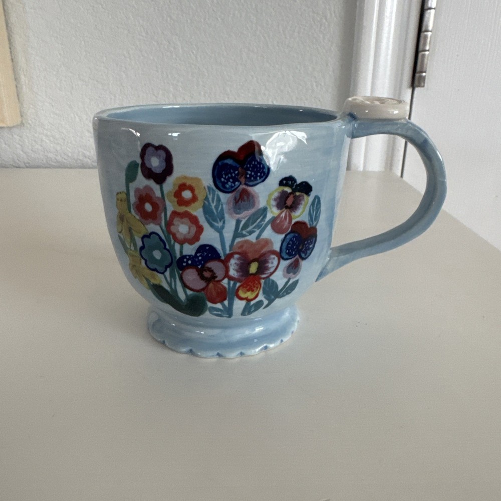 Anthropologie Francesca Kaye Pansy Footed Coffee Mug Blue Floral Stoneware