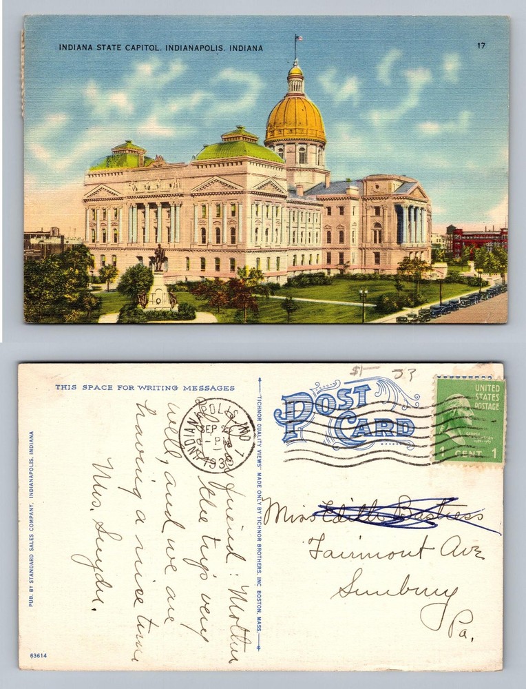 Indianapolis, IN-Indiana, State Capitol Dome Lawn Scene c1943 Vintage Postcard