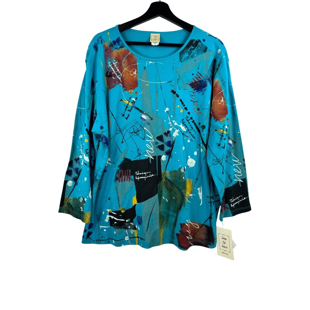 Jess & Jane Briana Top sz 1X Blue Artsy Print Long Sleeve shirt boho USA