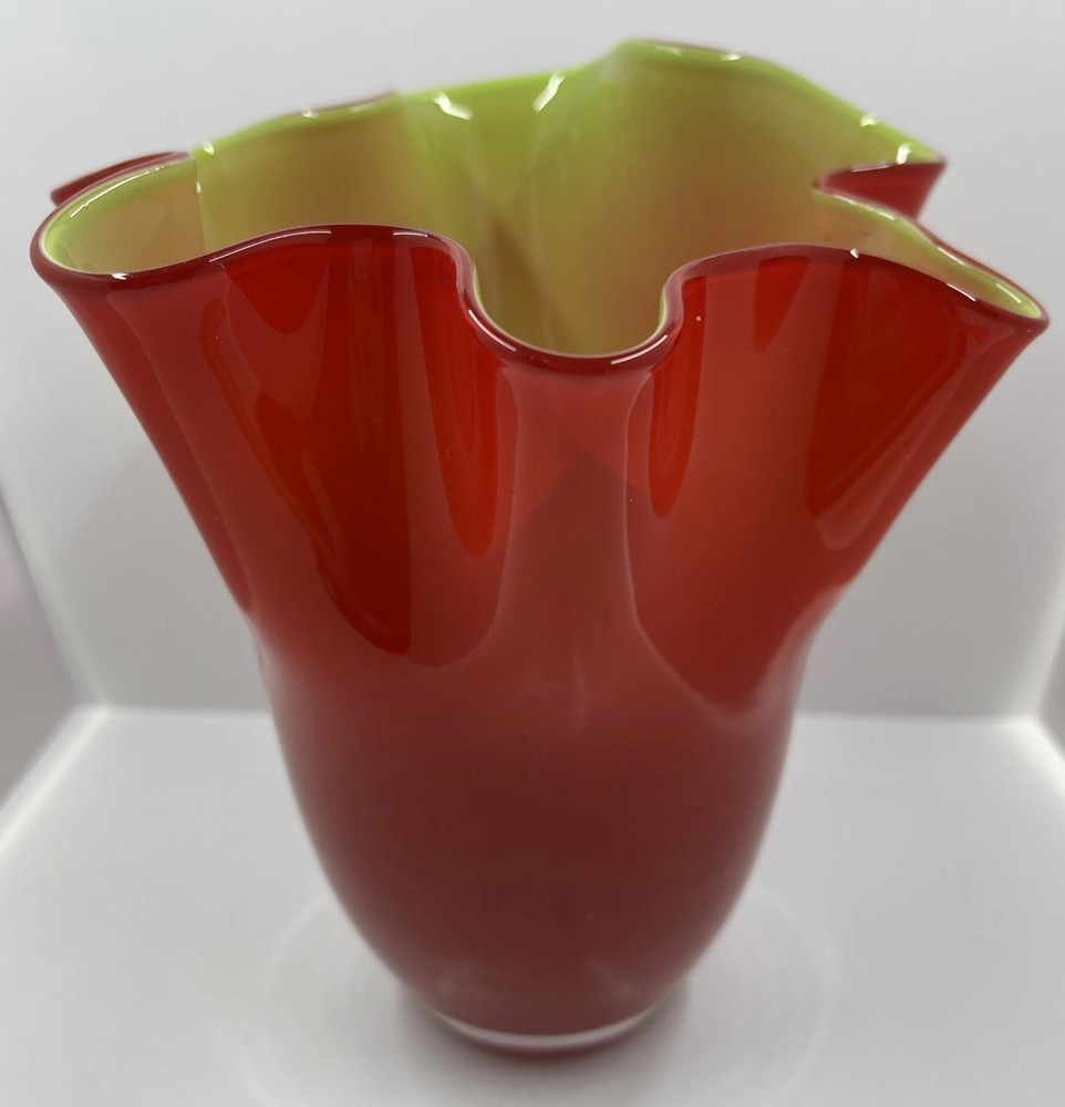 Vintage Mid Century Hand Blown Murano Style ? Glass Wavy Vase Red and Green