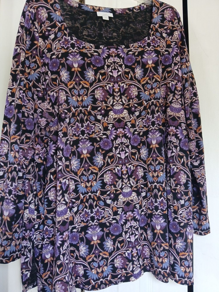 J Jill Tunic Top Womens 2X Purple Floral Stretch Boho Cottage Lagenlook Country