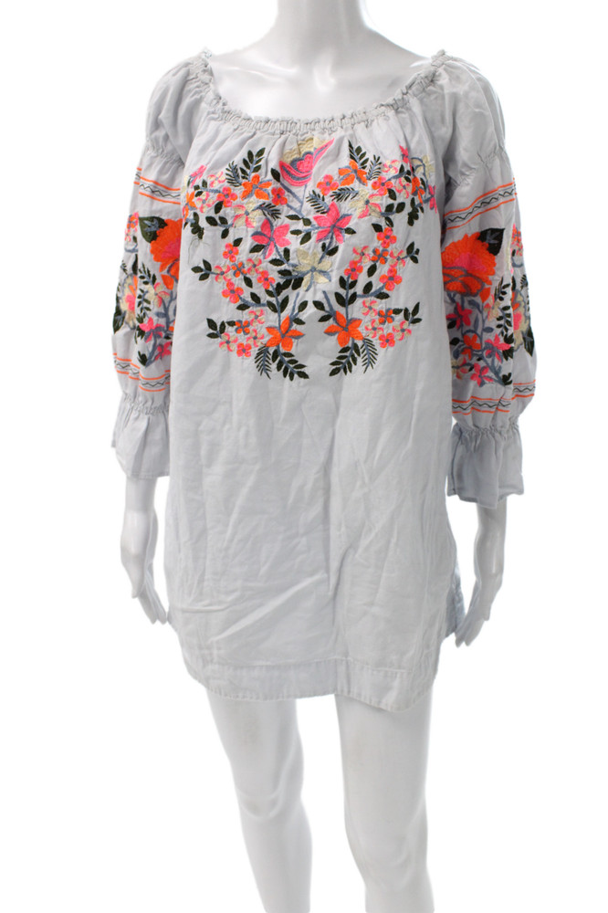 Free People Womens Shift Dress Blue Off Shoulder Floral 3/4 Sleeve Short Size SFree Shipping in US $100+ Orders | $6.95 Orders Below