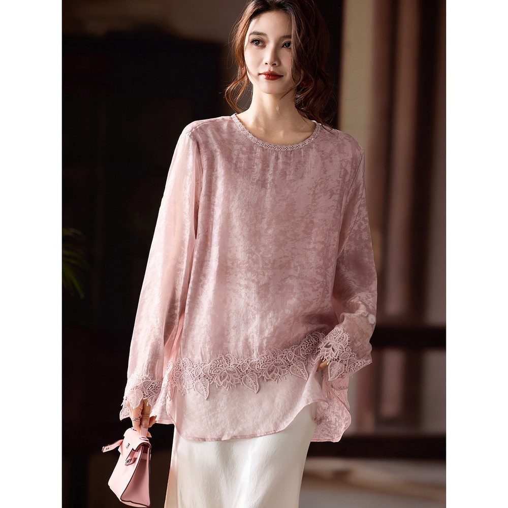 Spring New Plus Size Chiffon Real Lace Shirts Women's Long Sleeved Loose Blouse