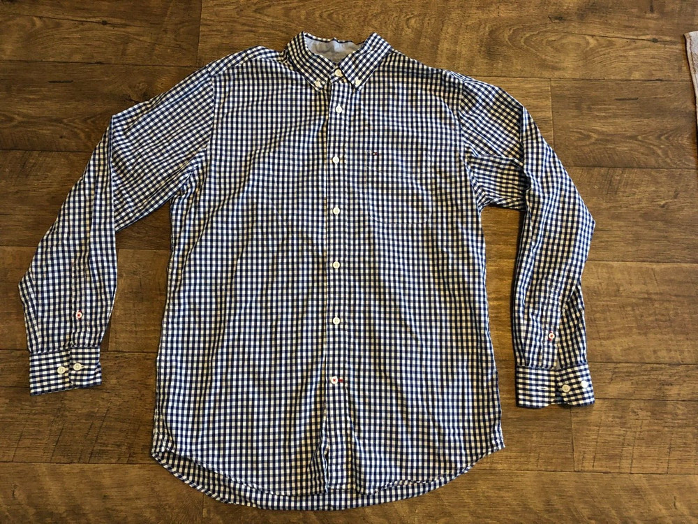 Tommy Hilfiger Button Front Shirt Men's Classic Fit Navy Blue White Plaid Size M