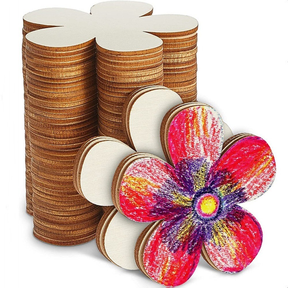 80Pcs Flower Shape Blank Wood Chips Blossom Painted Graffiti Wooden Pieces6009