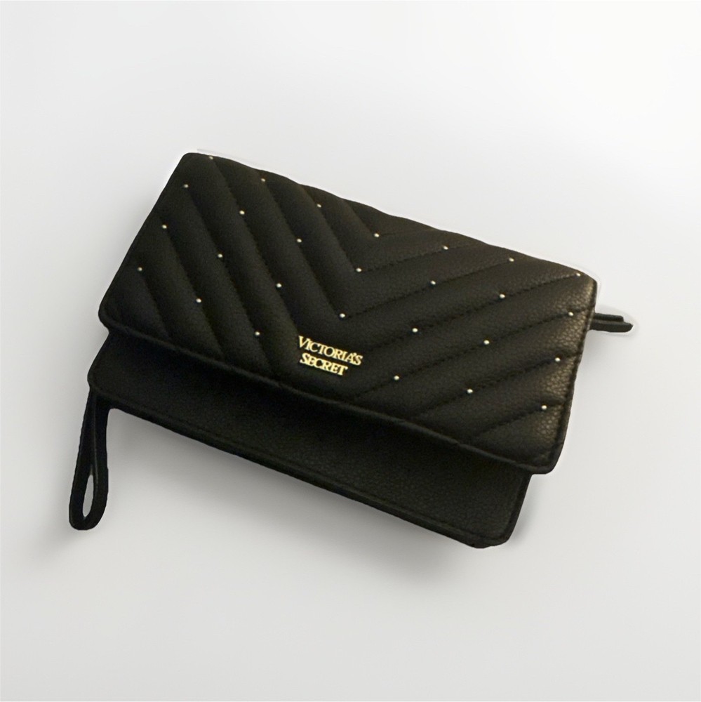 Victoria's Secret Black Quilted Studded Chevron Wristlet Wallet for Women