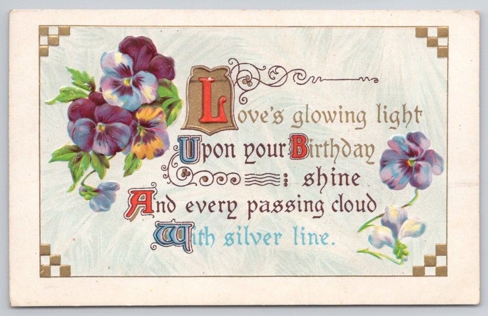 1913 Pocono Lake PA Birthday Postcard - Embossed Pansies & Poem, Posted