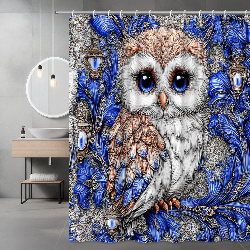 Owl Shower Curtain Blue Feather Ornate Graphic Print