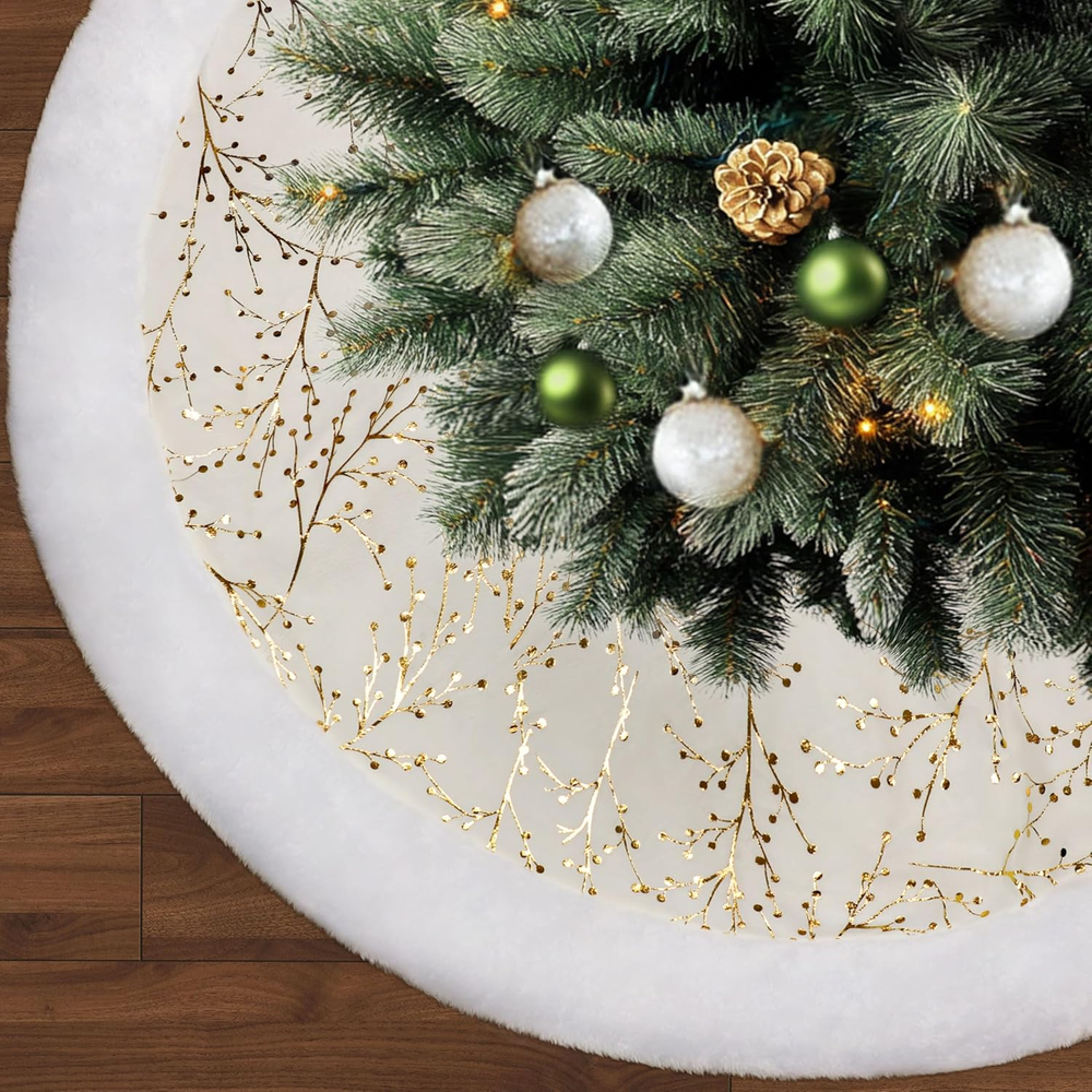 48 Inch Christmas Tree Skirt,White and Gold Faux Fur Xmas Tree Skirt,Thick Plush