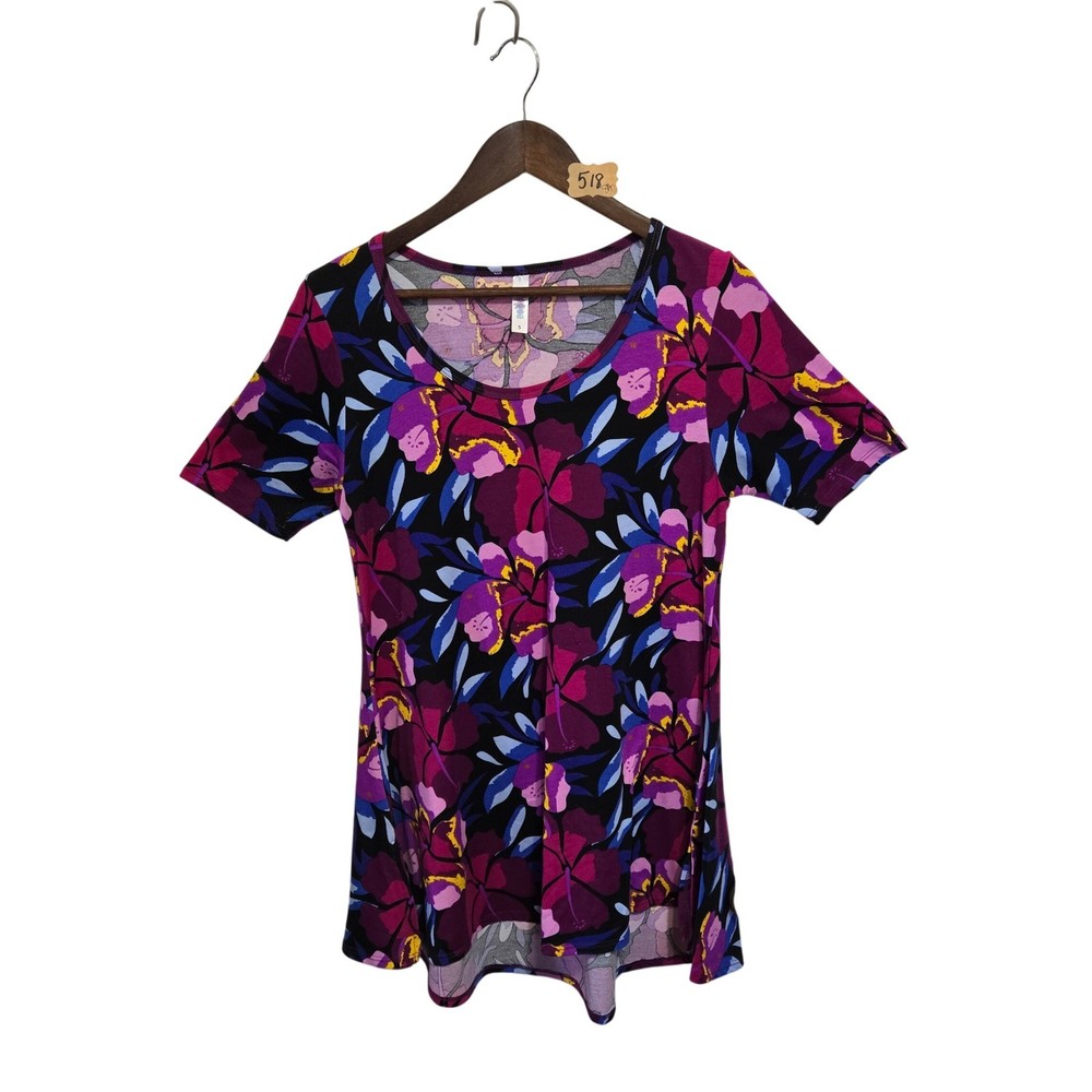 LuLaRoe Womens Perfect T SM Purple Pink Hibiscus Floral HI Lo Short Sleeve Top
