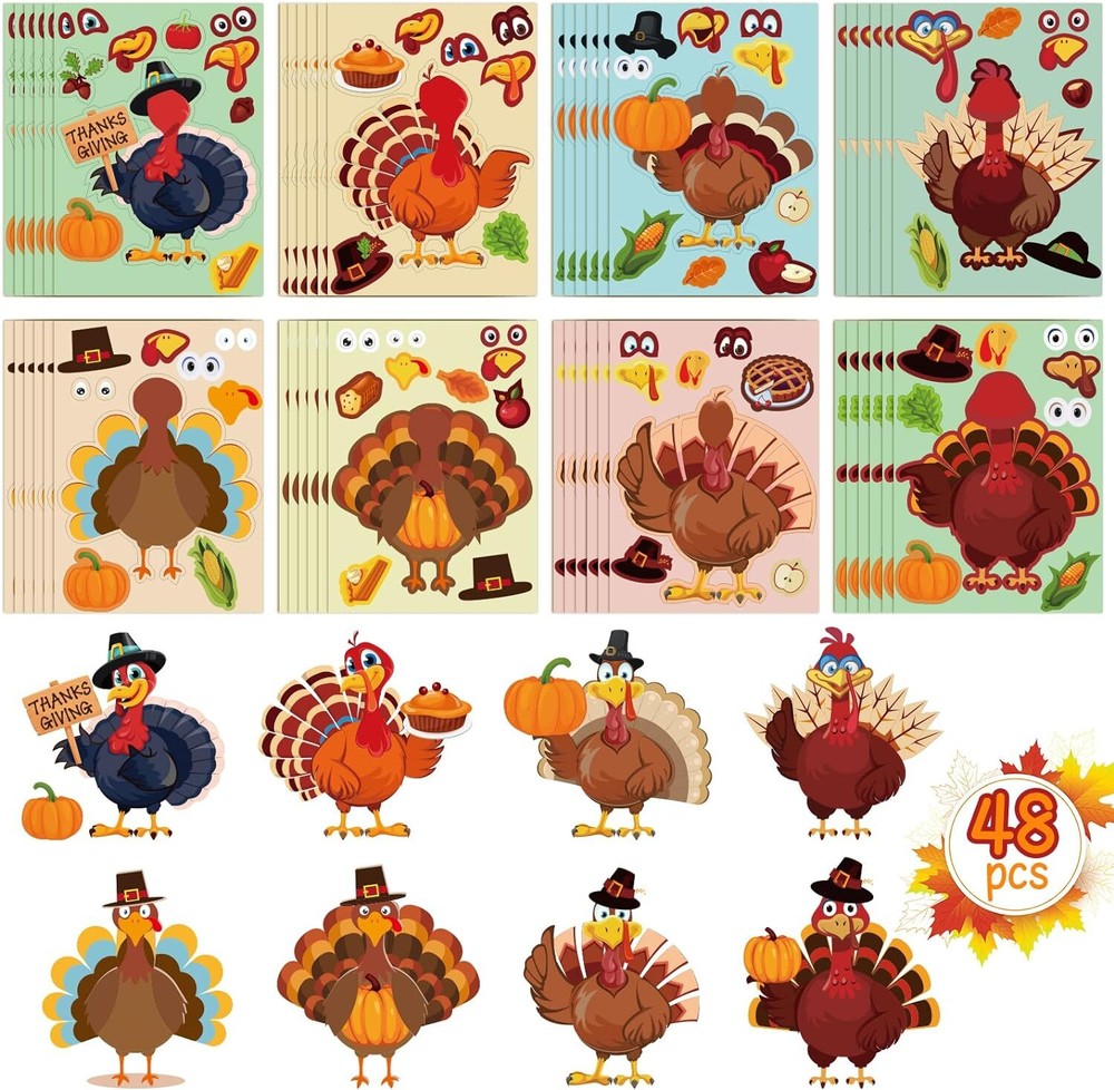 48Pcs Thanksgiving Stickers Make-A-Turkey Thanksgiving, Multicolor