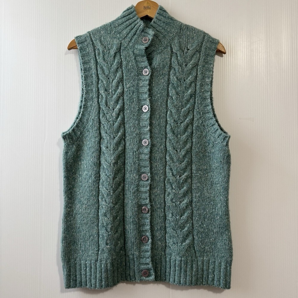 LL Bean Women Sz L Sweater Vest Cardigan Button Front Top Green Knit Wool Blend