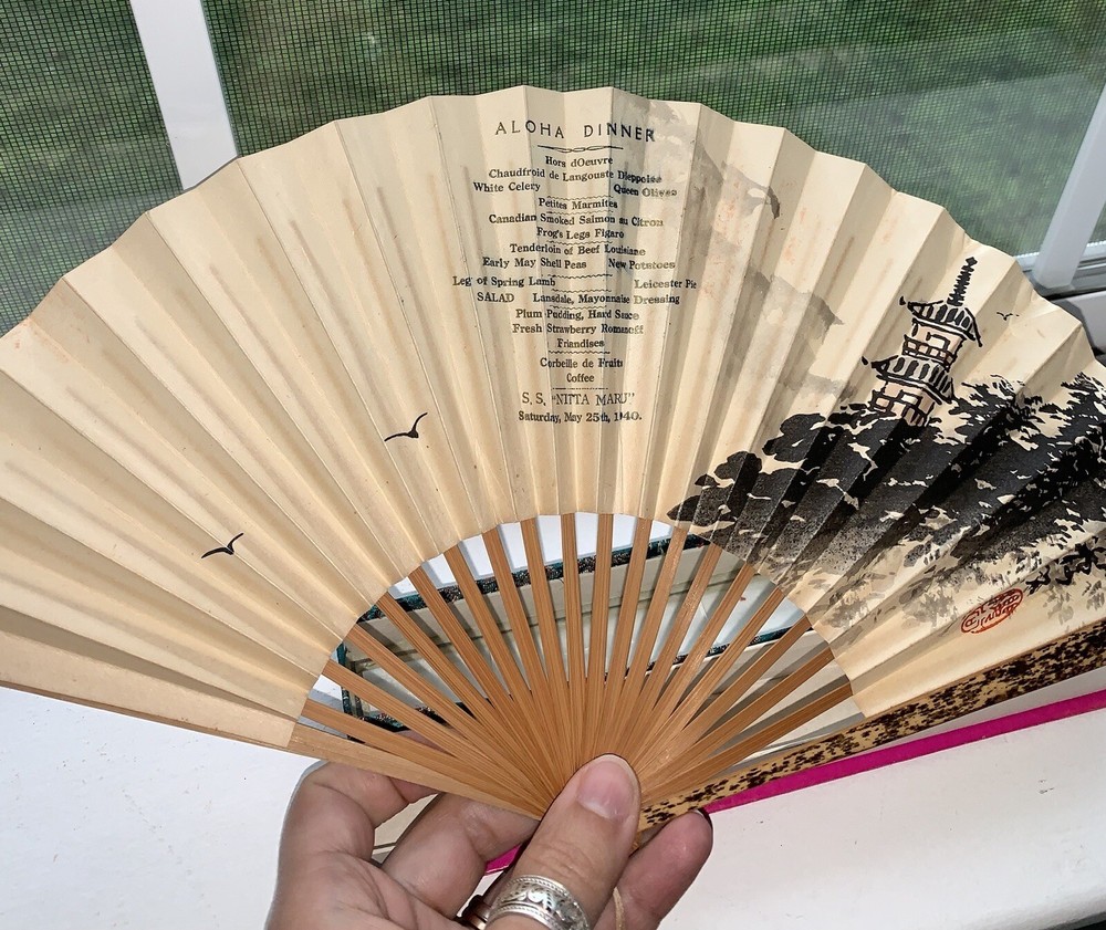 1940 Aloha Dinner Menu Ship SS Nitta Maru, Fan With Box, Hand painted, Rare Item