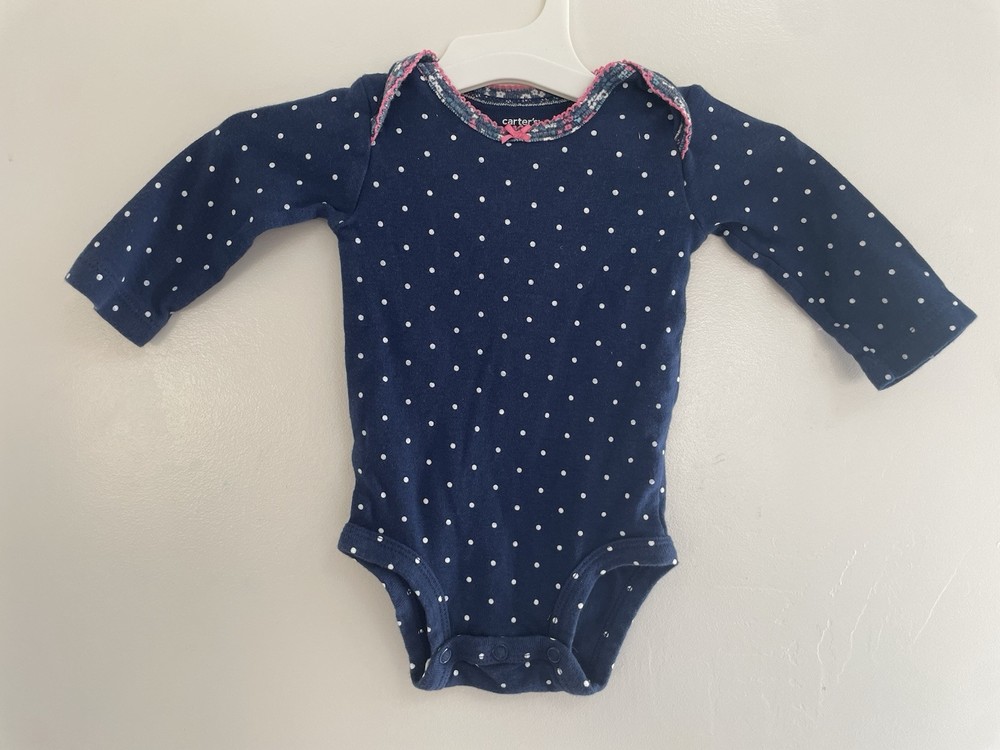 Carter's Baby Girl Small Polka Dot Floral Lace Trim 100% Cotton Bodysuit Navy 3M