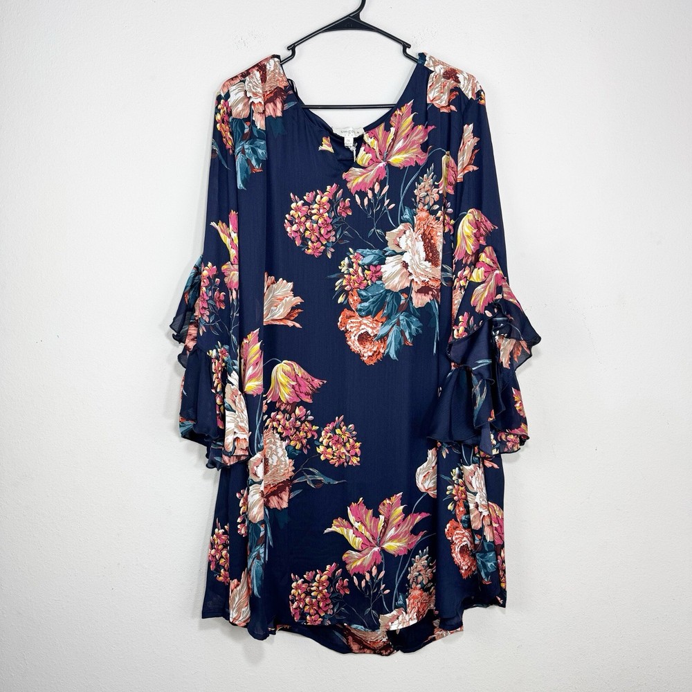 Umgee Women's Floral Print Ruffle Sleeve Dress 2XL Navy Knee Length