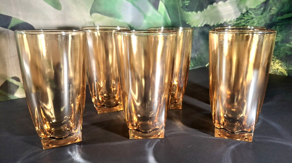 Vintage Set of 6 Jeannette Glass Iridescent Marigold Color Tumblers Square Base