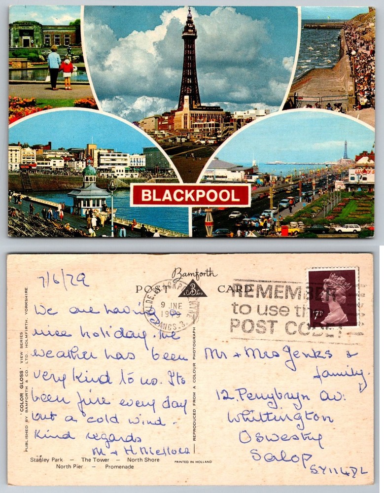 1969 Blackpool Tower Promenade North Pier Vintage Color Gloss Postcard England