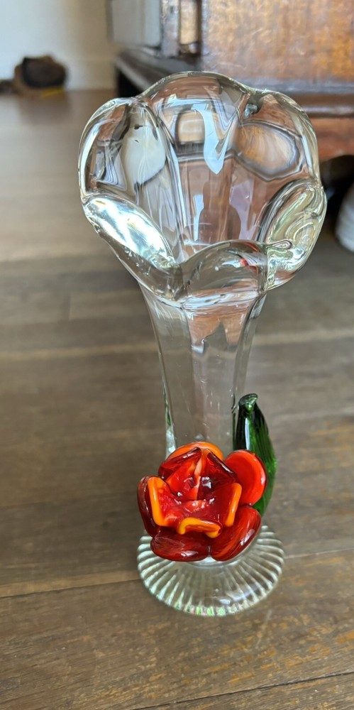 Celebration Crystal Art Glass Vase Clear With  Applied Red Flower W Green Leaves