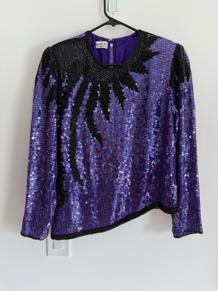 Judith Ann Creations 100% silk  beaded sequined top size M purple black