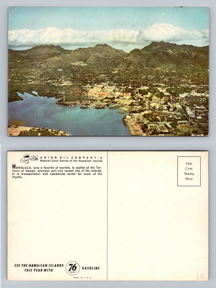 Honolulu, HI-Hawaii, Aerial Harbor View Diamond Head Mountains Vintage Postcard
