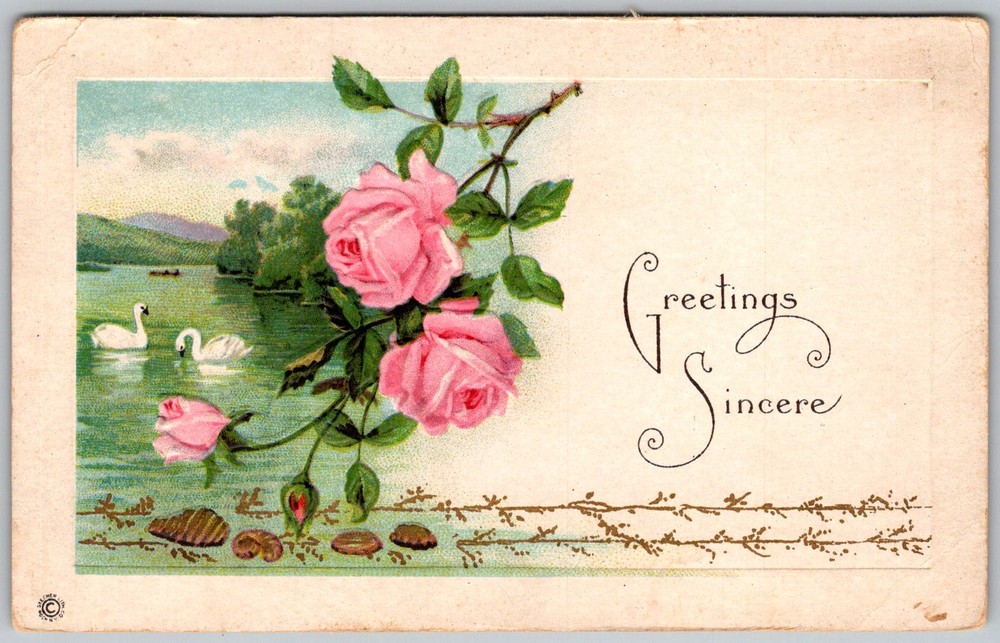 Antique Postcard Pink Roses Swans Lake Hartley, Iowa 1920s