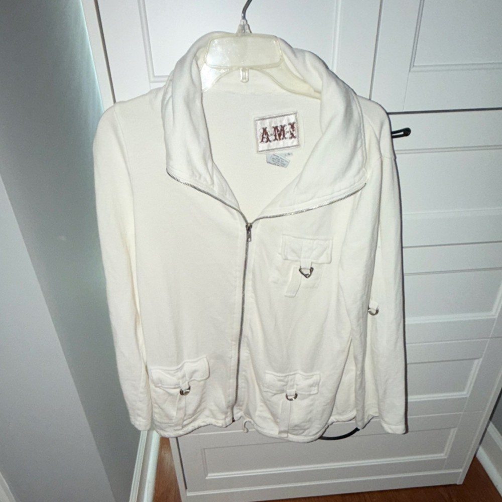 A.M.I. Women's White Full Zip Hoodie S Fleece 100% Cotton Pockets Logo